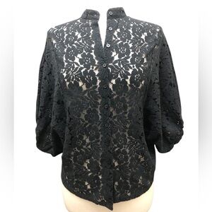 COTTON ON Black Lace Puff Sleeve Button Front Blouse